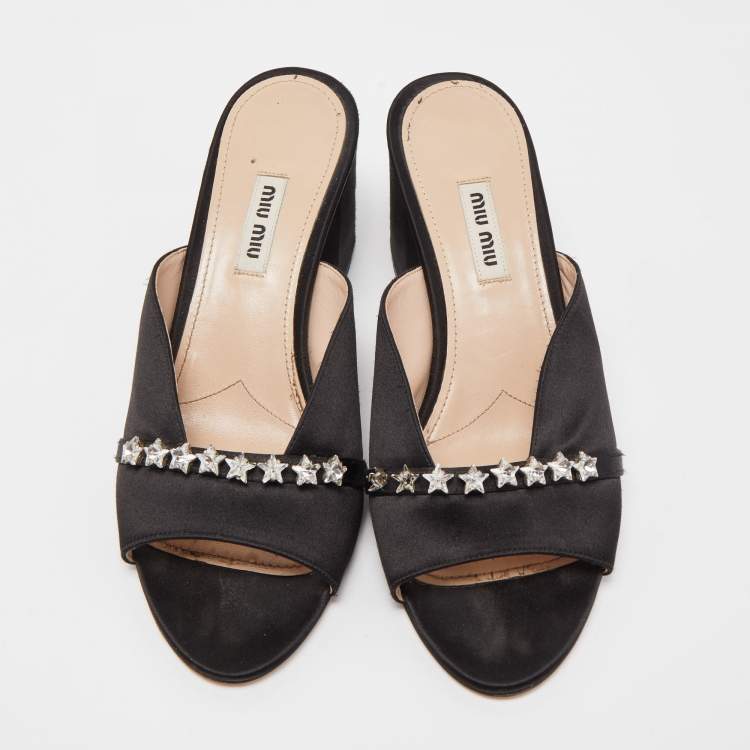 Pre Owned Miu Miu Black Satin Star Slide Sandals Size 38