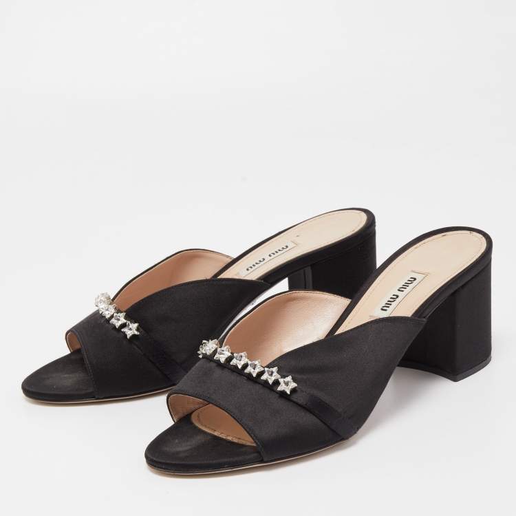 Pre Owned Miu Miu Black Satin Star Slide Sandals Size 38