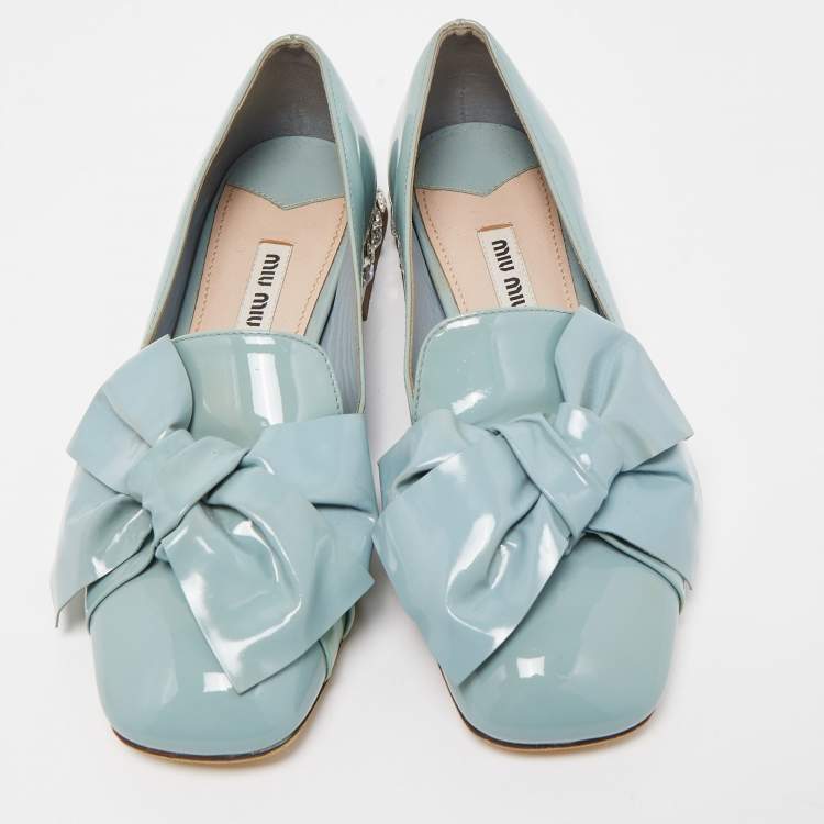 Pre Owned Miu Miu Blue Patent Leather Crystal Embellished  Bow Smoking Slippers Size 35
