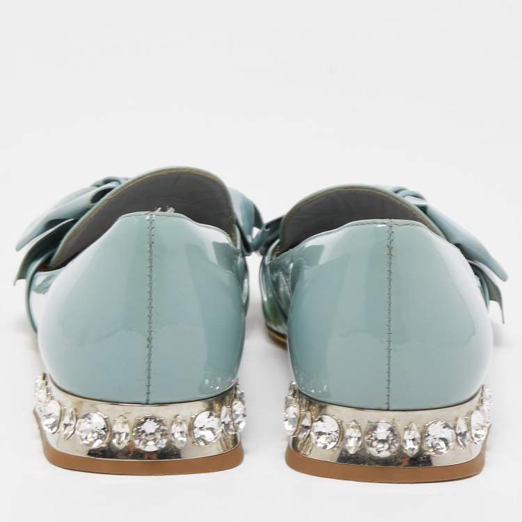Pre Owned Miu Miu Blue Patent Leather Crystal Embellished  Bow Smoking Slippers Size 35