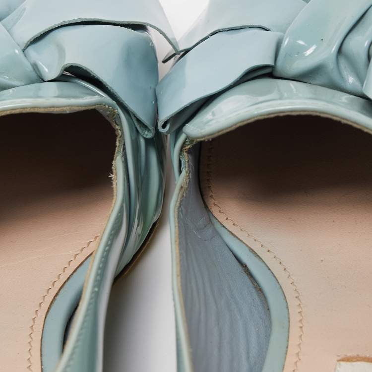 Pre Owned Miu Miu Blue Patent Leather Crystal Embellished  Bow Smoking Slippers Size 35