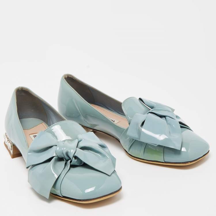 Pre Owned Miu Miu Blue Patent Leather Crystal Embellished  Bow Smoking Slippers Size 35