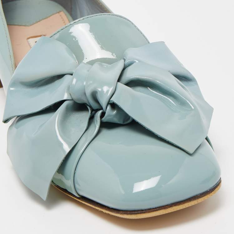 Pre Owned Miu Miu Blue Patent Leather Crystal Embellished  Bow Smoking Slippers Size 35
