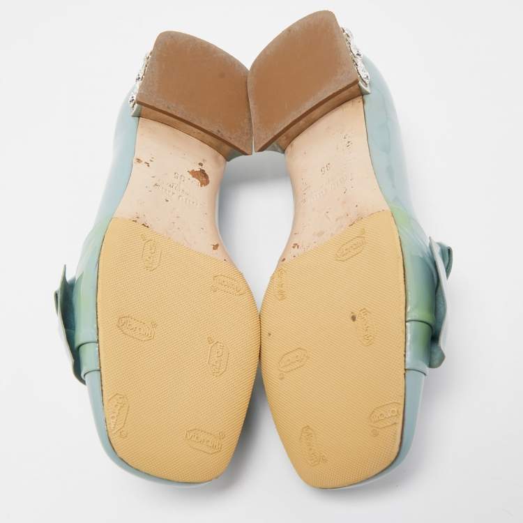Pre Owned Miu Miu Blue Patent Leather Crystal Embellished  Bow Smoking Slippers Size 35