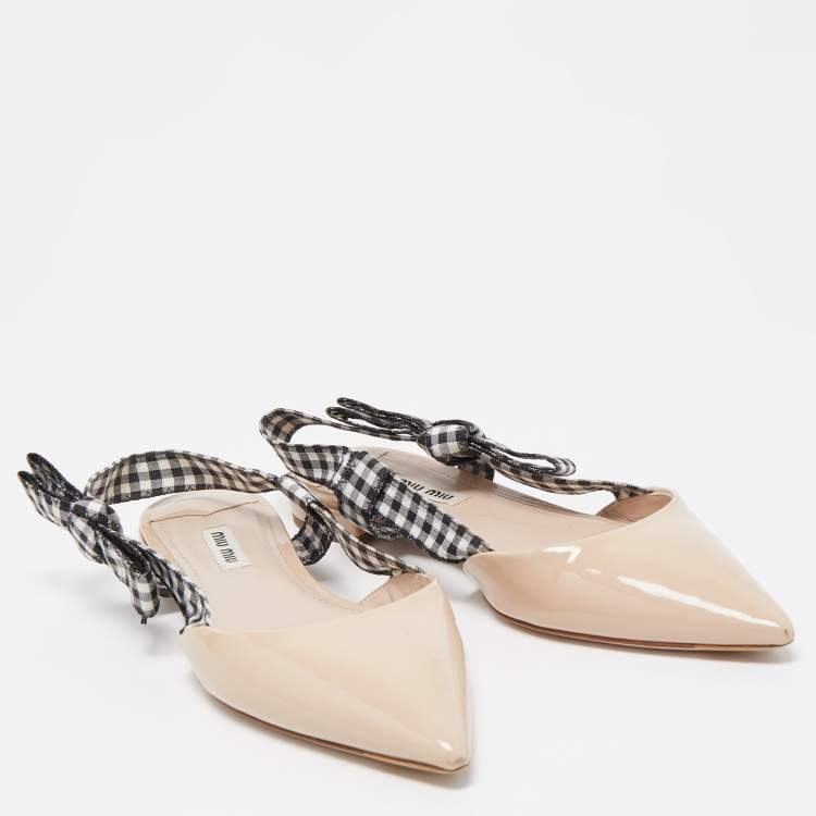 Pre Owned Miu Miu Tricolor Patent Leather and Gingham Fabric Bow Slingback Flats Size 38