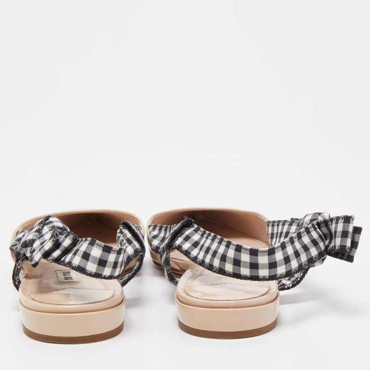 Pre Owned Miu Miu Tricolor Patent Leather and Gingham Fabric Bow Slingback Flats Size 38
