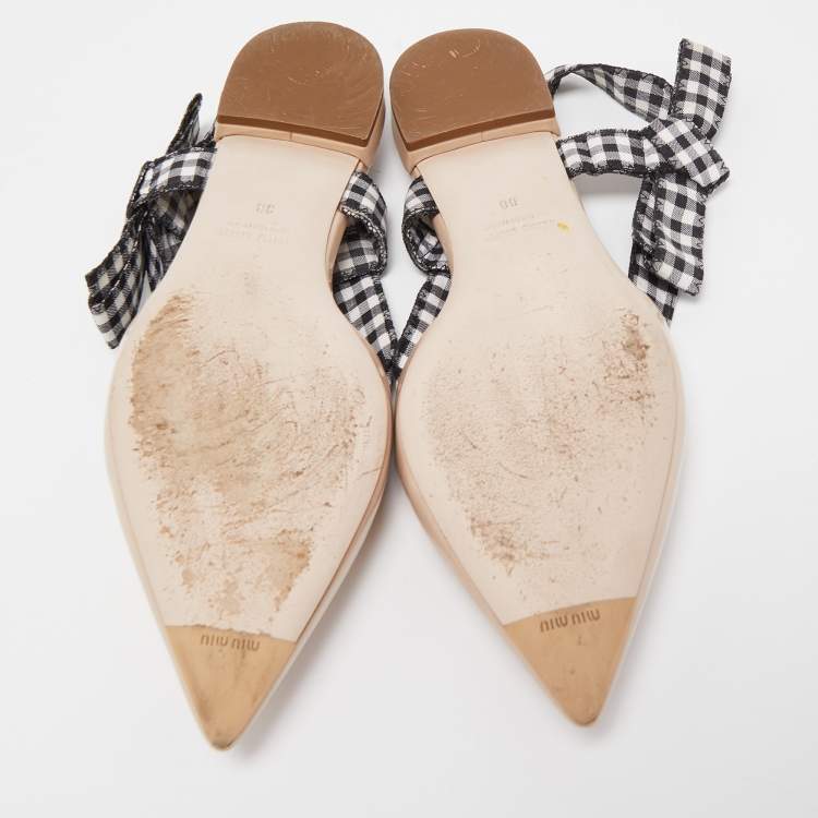 Pre Owned Miu Miu Tricolor Patent Leather and Gingham Fabric Bow Slingback Flats Size 38