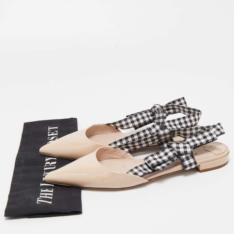 Pre Owned Miu Miu Tricolor Patent Leather and Gingham Fabric Bow Slingback Flats Size 38