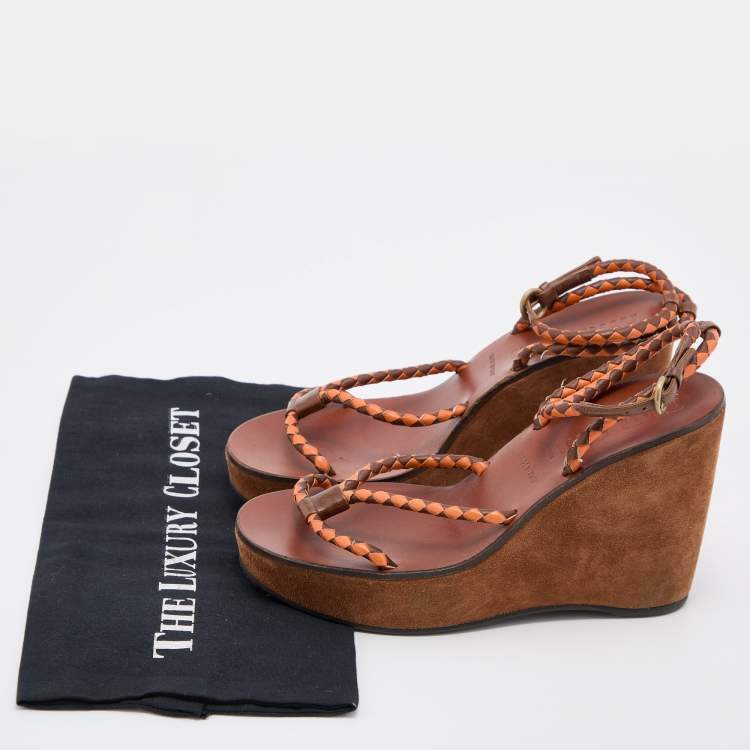 Pre Owned Miu Miu Brown/Orange Leather Strappy Wedge Sandals Size 38
