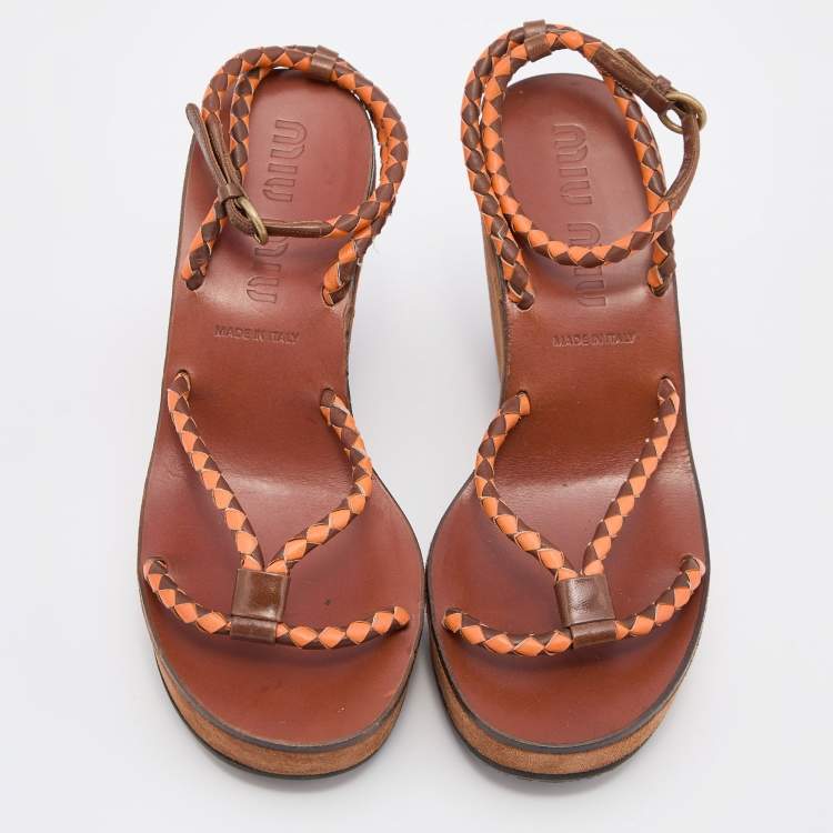 Pre Owned Miu Miu Brown/Orange Leather Strappy Wedge Sandals Size 38