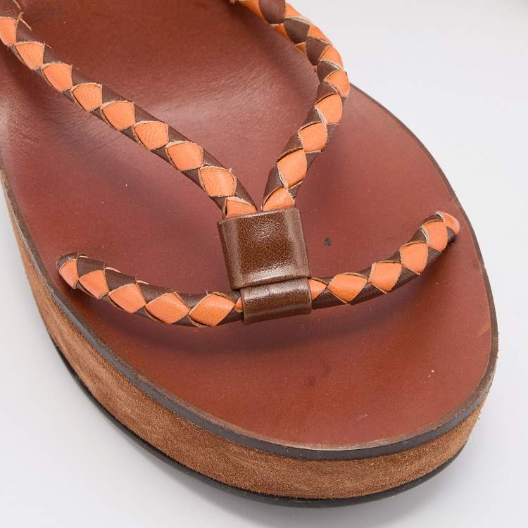 Pre Owned Miu Miu Brown/Orange Leather Strappy Wedge Sandals Size 38