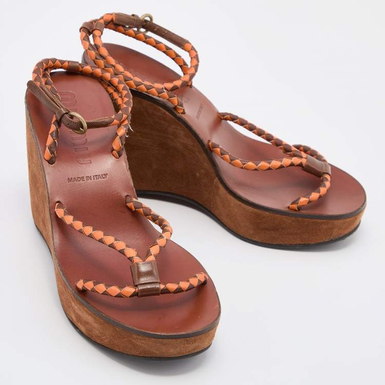 Pre Owned Miu Miu Brown/Orange Leather Strappy Wedge Sandals Size 38