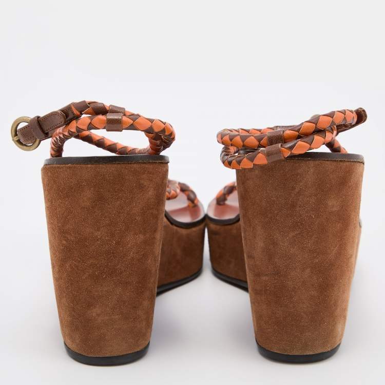 Pre Owned Miu Miu Brown/Orange Leather Strappy Wedge Sandals Size 38
