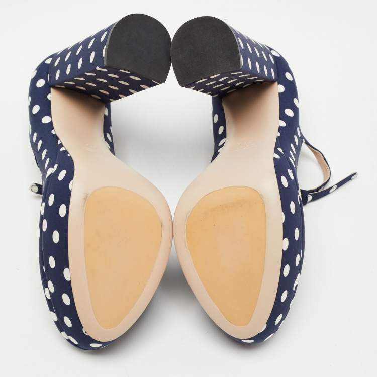 Pre Owned Miu Miu Navy Blue/White Canvas Polka Dot Platform Pumps Size 39.5