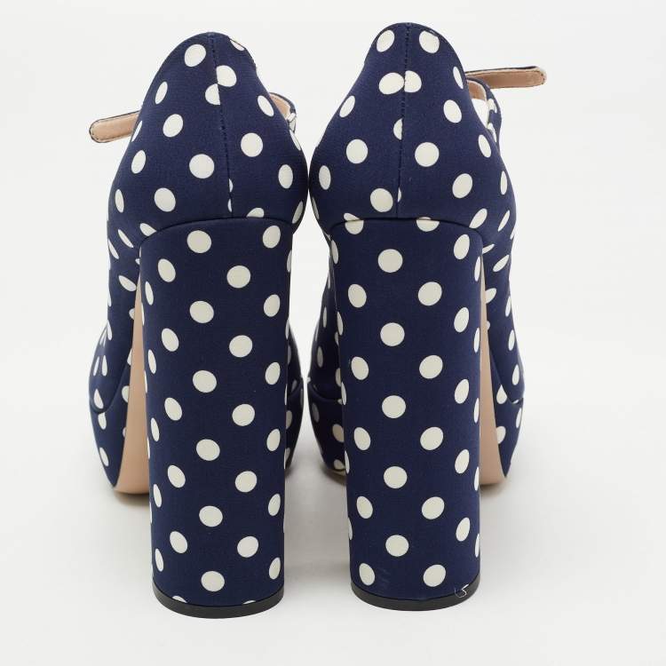 Pre Owned Miu Miu Navy Blue/White Canvas Polka Dot Platform Pumps Size 39.5
