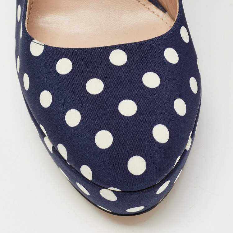 Pre Owned Miu Miu Navy Blue/White Canvas Polka Dot Platform Pumps Size 39.5