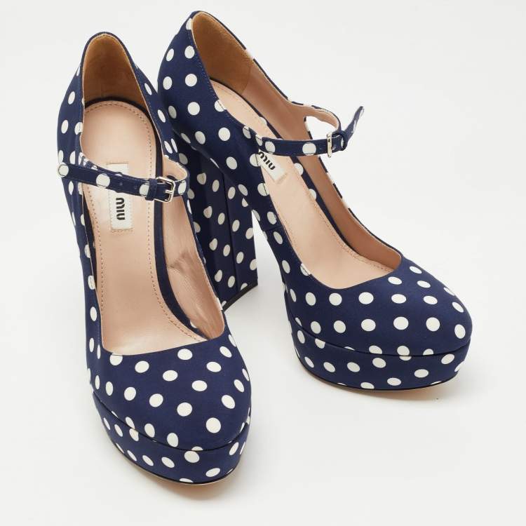 Pre Owned Miu Miu Navy Blue/White Canvas Polka Dot Platform Pumps Size 39.5