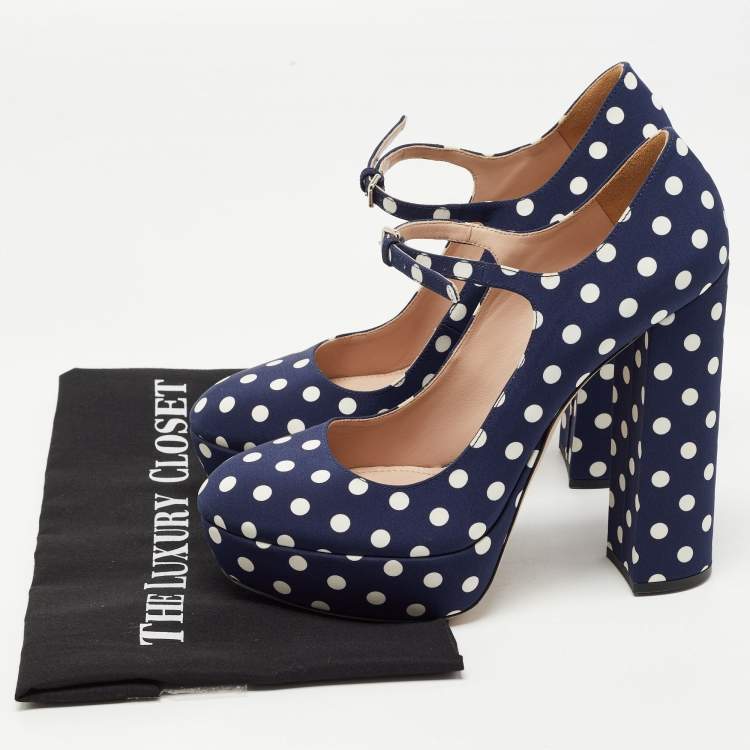 Pre Owned Miu Miu Navy Blue/White Canvas Polka Dot Platform Pumps Size 39.5