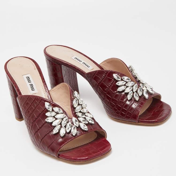 Pre Owned Miu Miu Burgundy Croc Embossed Leather Crystal Slides  Size 39