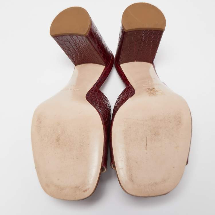 Pre Owned Miu Miu Burgundy Croc Embossed Leather Crystal Slides  Size 39