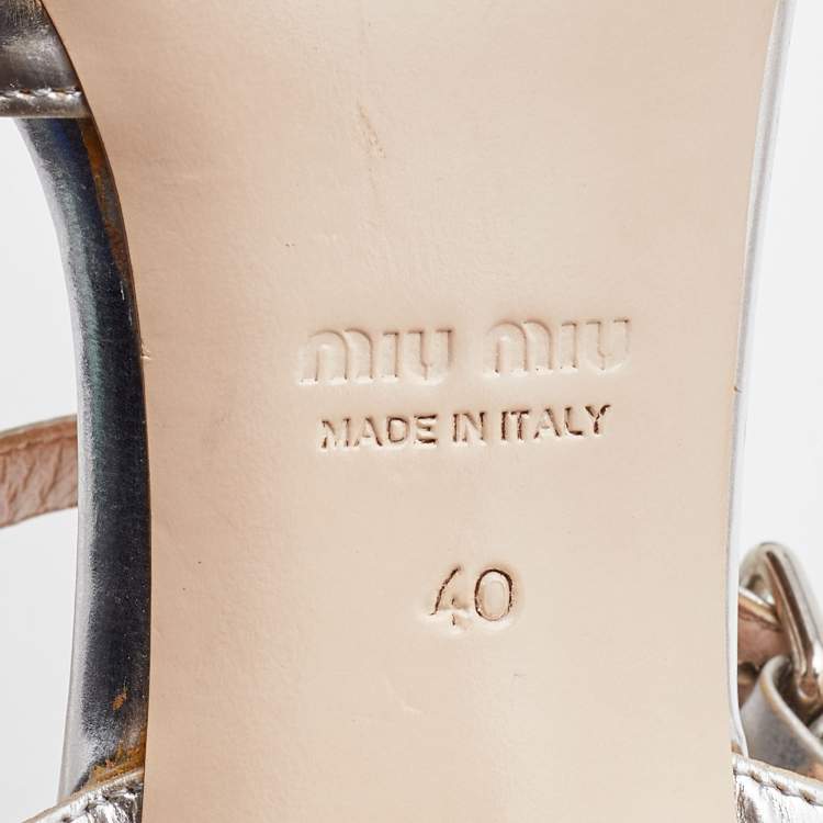 Pre Owned Miu Miu Silver Patent Leather Crystal Embellished Block Heel Ankle Strap Sandals Size 40