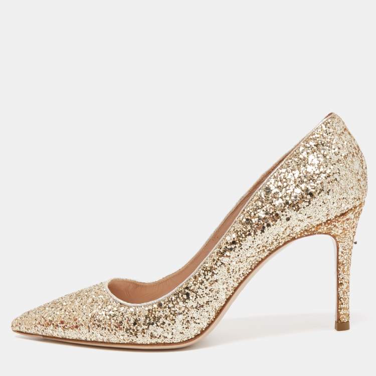 Pre Owned Miu Miu Gold Glitter Pointed Toe Pumps Size 38