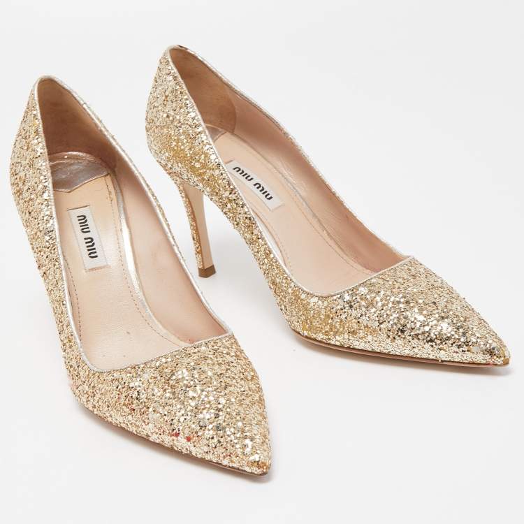 Pre Owned Miu Miu Gold Glitter Pointed Toe Pumps Size 38