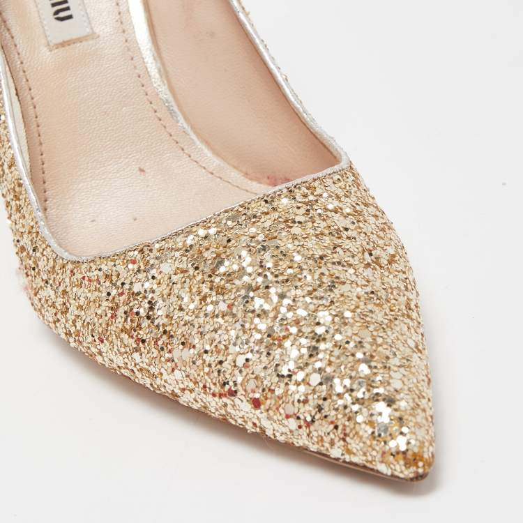 Pre Owned Miu Miu Gold Glitter Pointed Toe Pumps Size 38