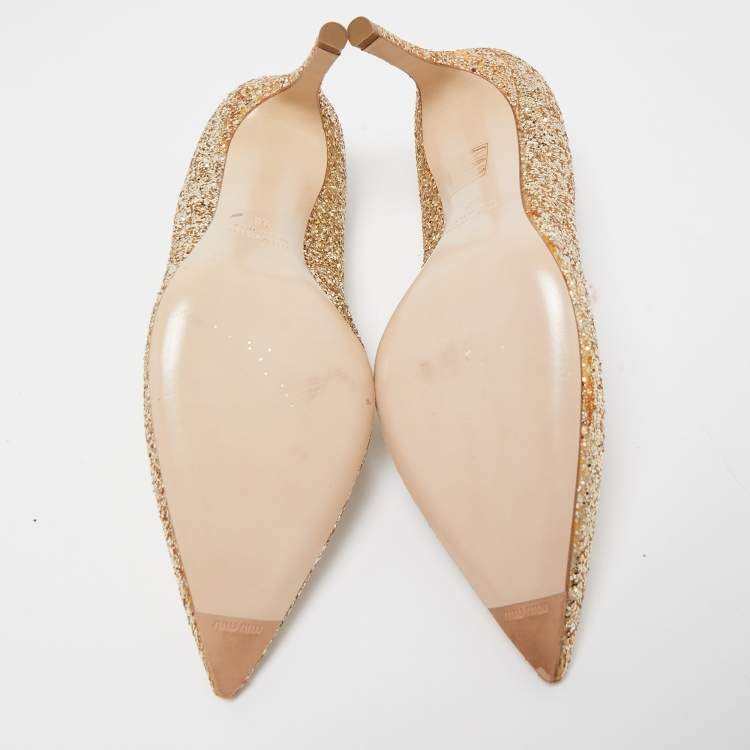 Pre Owned Miu Miu Gold Glitter Pointed Toe Pumps Size 38
