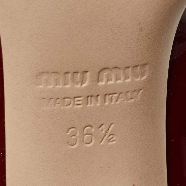Pre Owned Miu Miu Red Patent Leather Peep Toe Embellished Block Heel Pumps Size 36.5