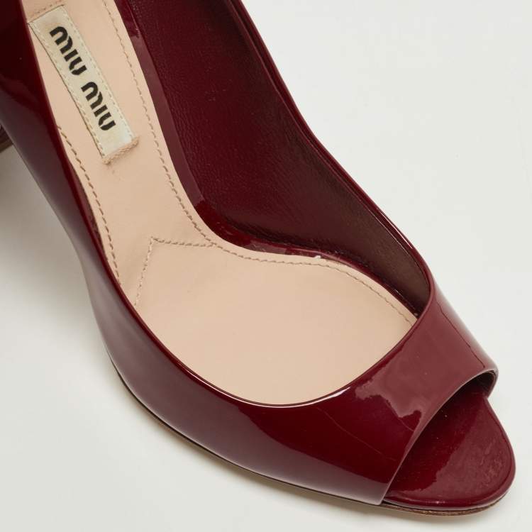 Pre Owned Miu Miu Red Patent Leather Peep Toe Embellished Block Heel Pumps Size 36.5