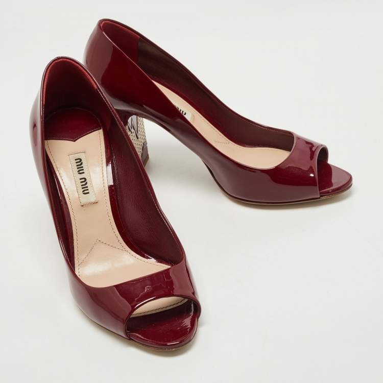 Pre Owned Miu Miu Red Patent Leather Peep Toe Embellished Block Heel Pumps Size 36.5