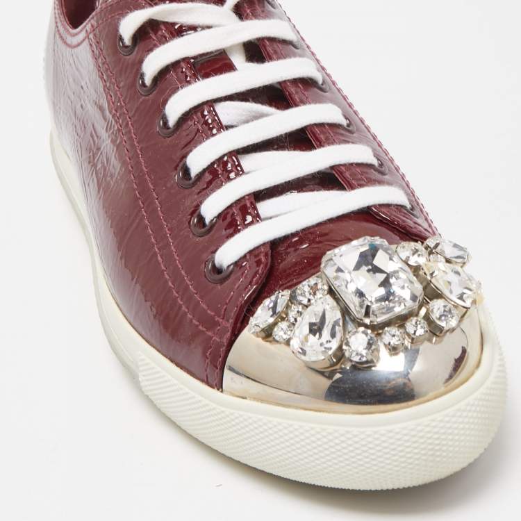 Pre Owned Miu Miu Burgundy Patent Leather Crystal Cap Toe  Sneakers Size 40.5