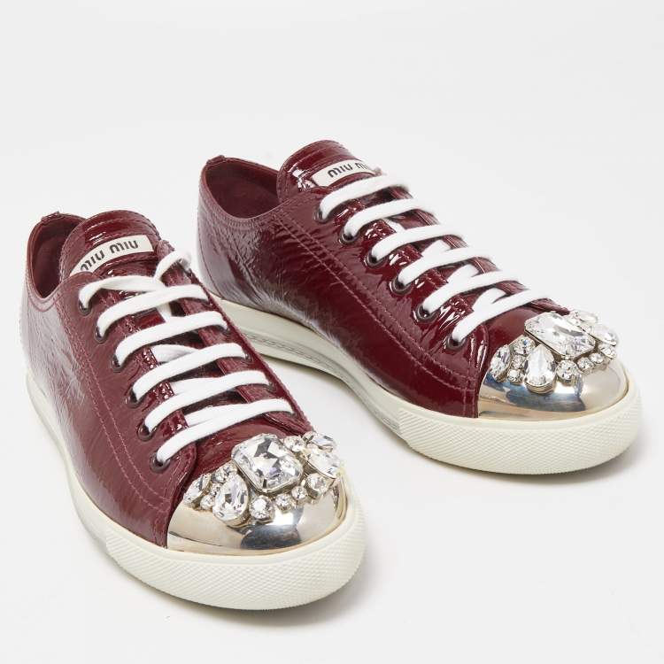 Pre Owned Miu Miu Burgundy Patent Leather Crystal Cap Toe  Sneakers Size 40.5