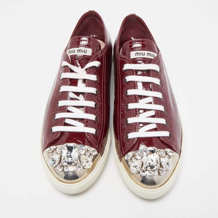 Pre Owned Miu Miu Burgundy Patent Leather Crystal Cap Toe  Sneakers Size 40.5