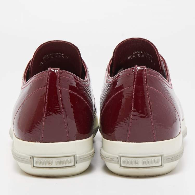 Pre Owned Miu Miu Burgundy Patent Leather Crystal Cap Toe  Sneakers Size 40.5