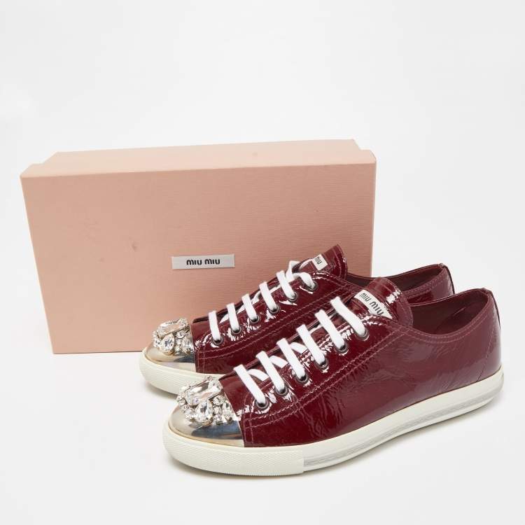 Pre Owned Miu Miu Burgundy Patent Leather Crystal Cap Toe  Sneakers Size 40.5