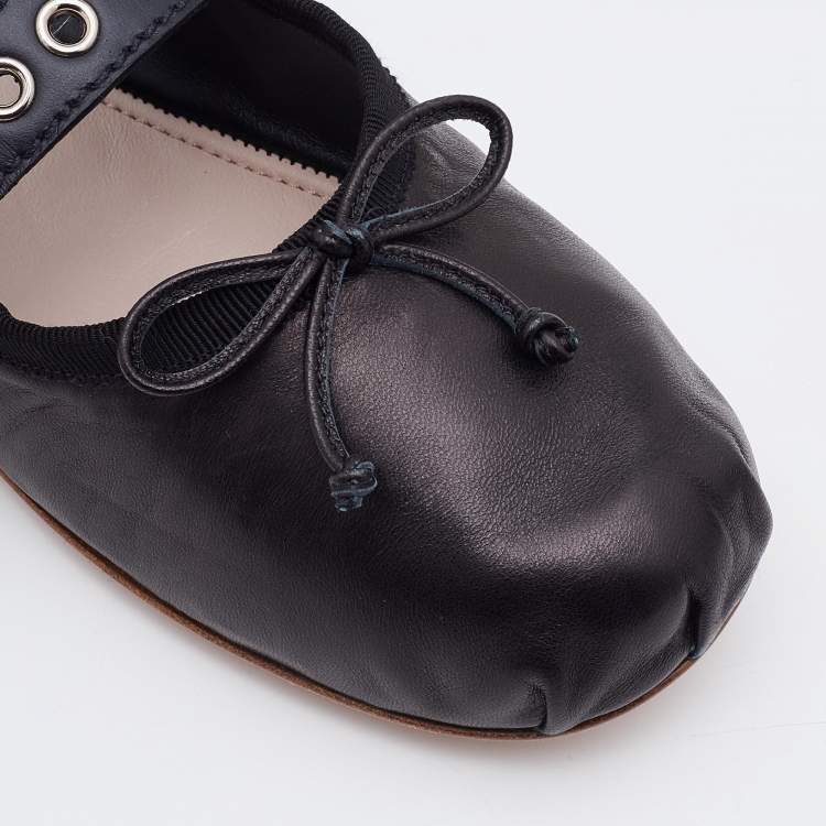 Pre Owned Miu Miu Black Leather Double Buckle Lace Up Ballet Flats Size 38