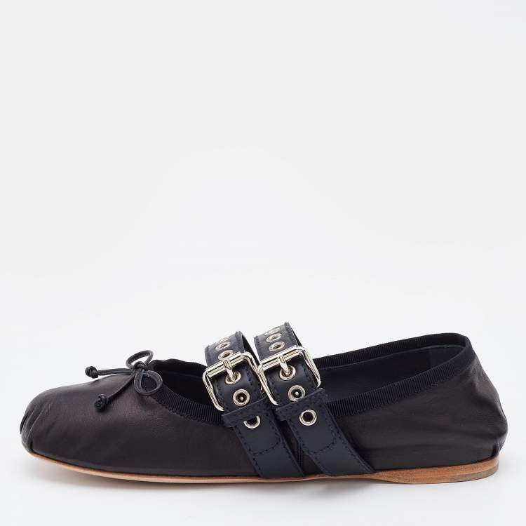 Pre Owned Miu Miu Black Leather Double Buckle Lace Up Ballet Flats Size 38