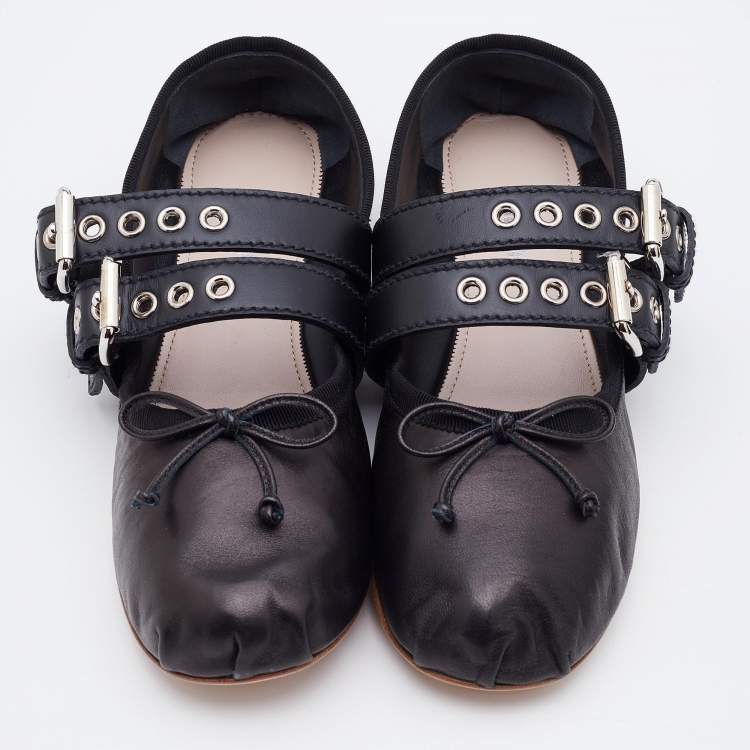 Pre Owned Miu Miu Black Leather Double Buckle Lace Up Ballet Flats Size 38