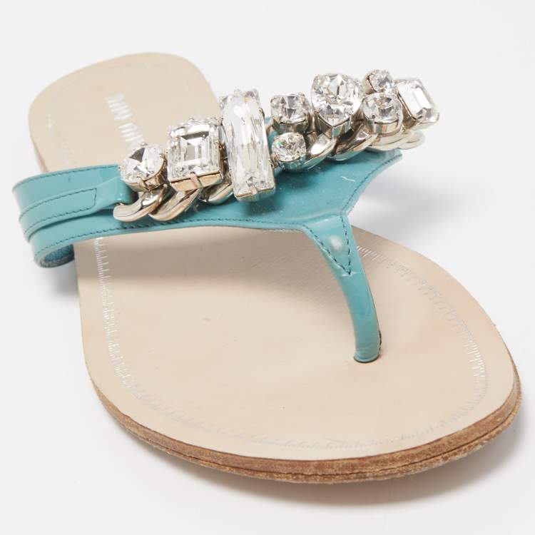 Pre Owned Miu Miu Blue Patent Leather Crystal Embellished Thong Flats Size 38