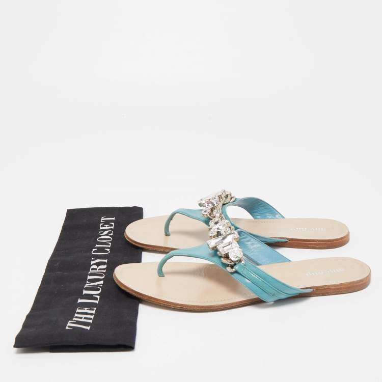 Pre Owned Miu Miu Blue Patent Leather Crystal Embellished Thong Flats Size 38