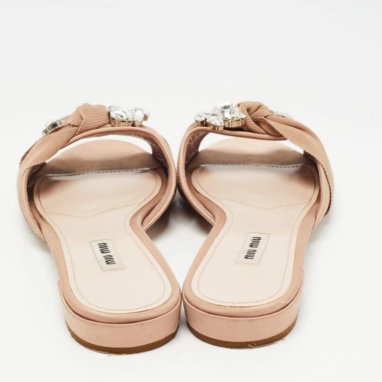 Pre Owned Miu Miu Beige Satin and Crystal Slide Flats Size 40