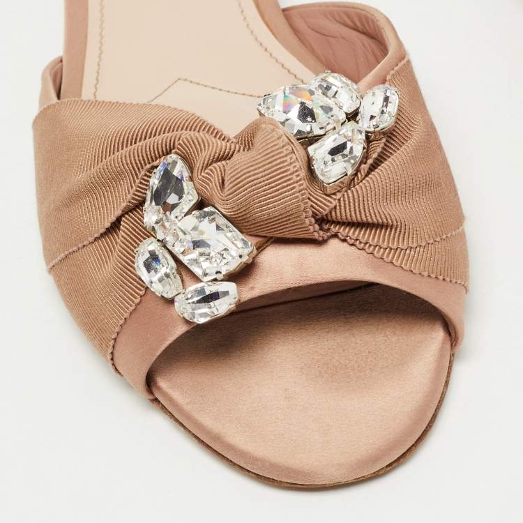 Pre Owned Miu Miu Beige Satin and Crystal Slide Flats Size 40