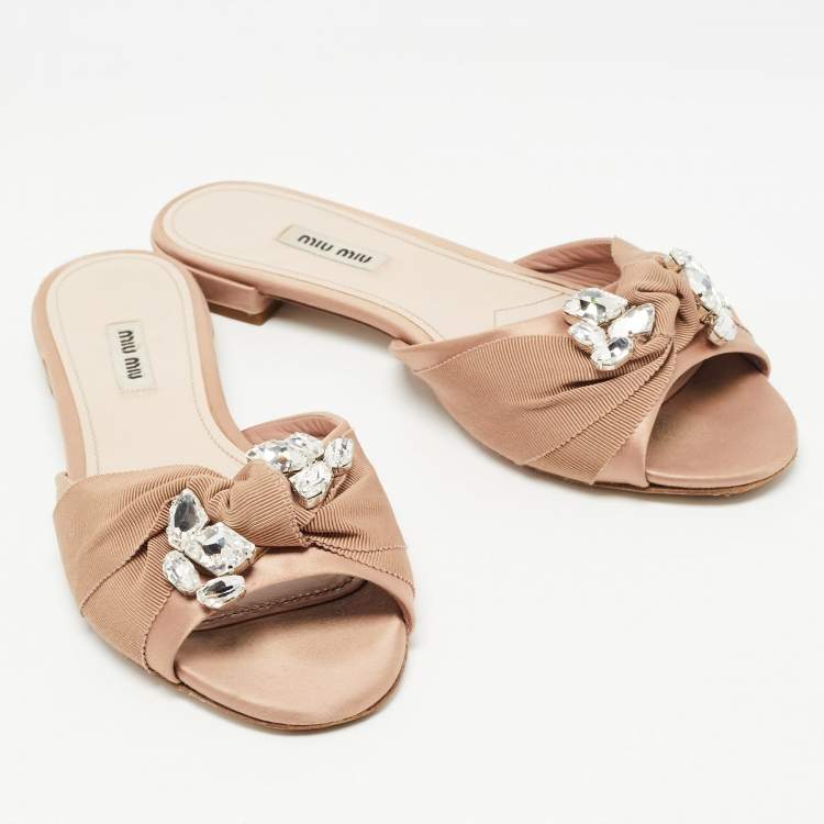 Pre Owned Miu Miu Beige Satin and Crystal Slide Flats Size 40