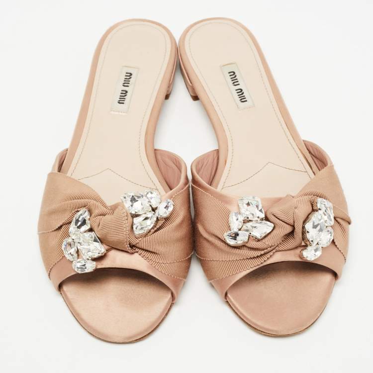 Pre Owned Miu Miu Beige Satin and Crystal Slide Flats Size 40