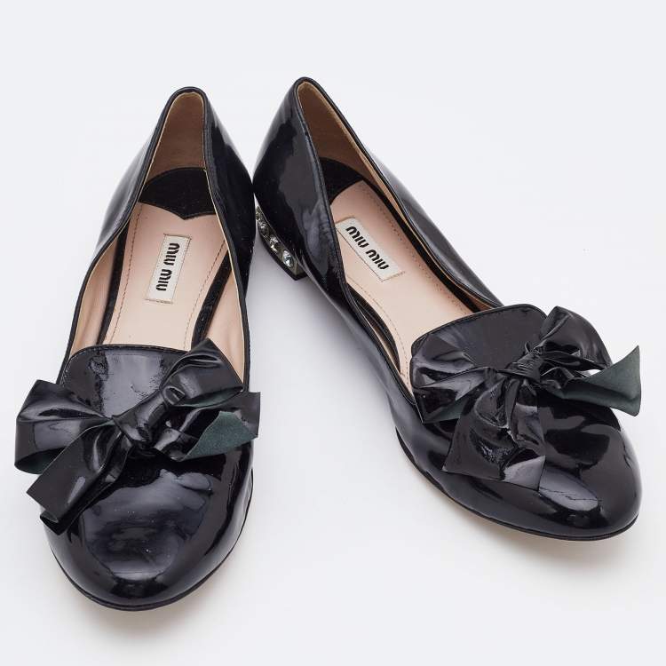 Pre Owned Miu Miu Black Patent Leather Bow Ballet Flats Size 40.5