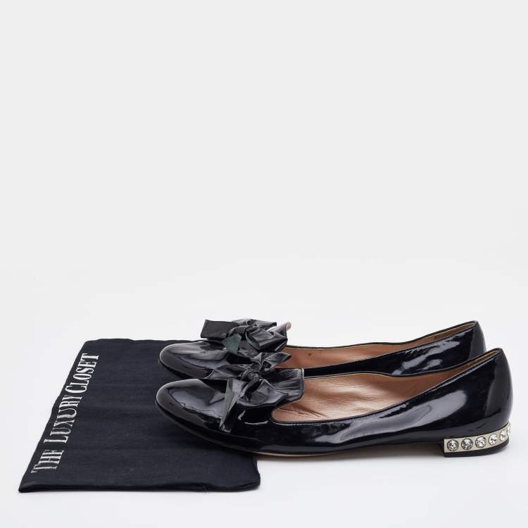 Pre Owned Miu Miu Black Patent Leather Bow Ballet Flats Size 40.5