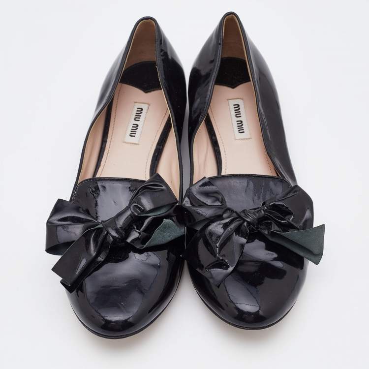 Pre Owned Miu Miu Black Patent Leather Bow Ballet Flats Size 40.5