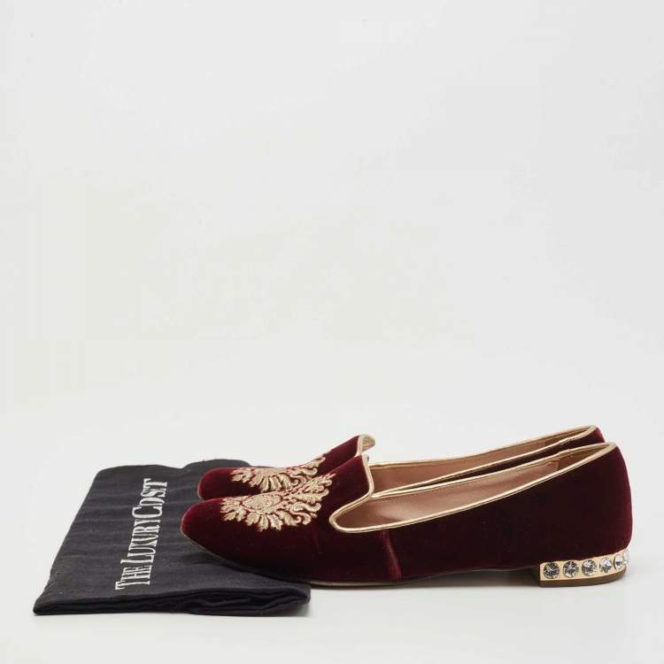 Pre Owned Miu Miu Burgundy Velvet Crest Embroidered Smoking Slippers Size 35.5